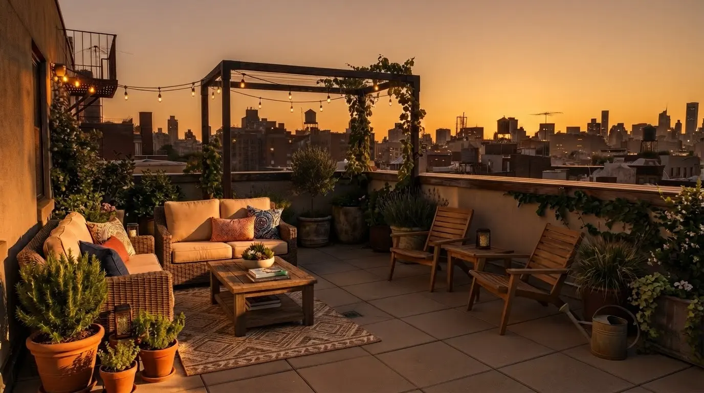 The designed terrace, golden hour